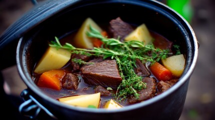Cozy Golden Hour Beef Stew: Rustic Dutch Oven Cooking with Carrots, Potatoes, and Herbs, Motion Blur Depth Composition