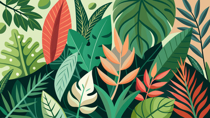 Fototapeta premium Vector art of a vibrant illustration of lush tropical foliage with various green and red leaves
