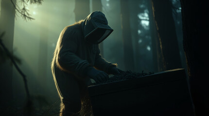 A mysterious hooded figure in a dark, misty forest, evoking a sense of solitude and calm.