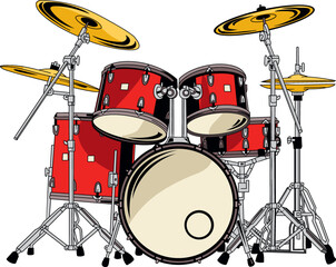 Detailed Drum Set with Cymbals and Percussion Elements