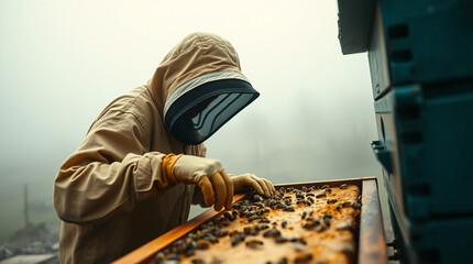 A close-up of a beekeeper in a protective suit working with a beehive.