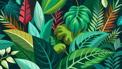 Vector art of a dense arrangement of tropical leaves showcasing a rich palette of greens and reds