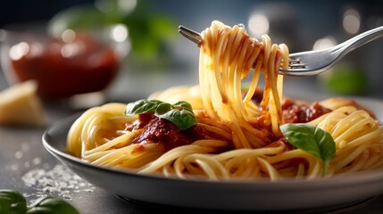 Delicious Spaghetti Twirling on Fork in Motion Blur - Low-Angle Shot Fill the Frame Concept.