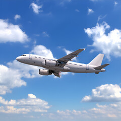 Obraz premium Airplane in the Clouds – Travel Concept Vector Illustration on Blue Sky Background