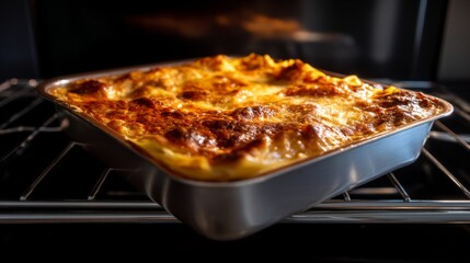 Comforting Homemade Lasagna Straight from the Oven - Delicious Bubbling Cheese and Tomato Sauce on Baking Tray - Food Photography with Natural Light and Selective Focus