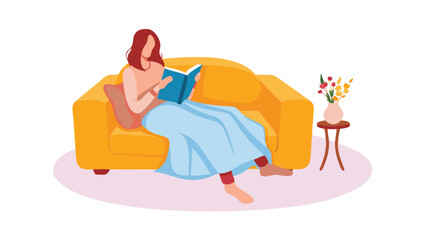 A woman reading a book on a yellow couch with a blanket and a table with flowers next to her inside