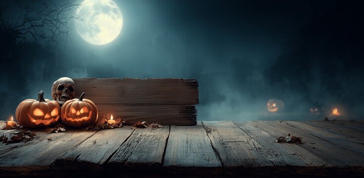 "Haunted Billboard Template": Hyper-realistic mock-up of a Halloween banner with a wooden plaque, skull and pumpkins on a creepy night background + space for text