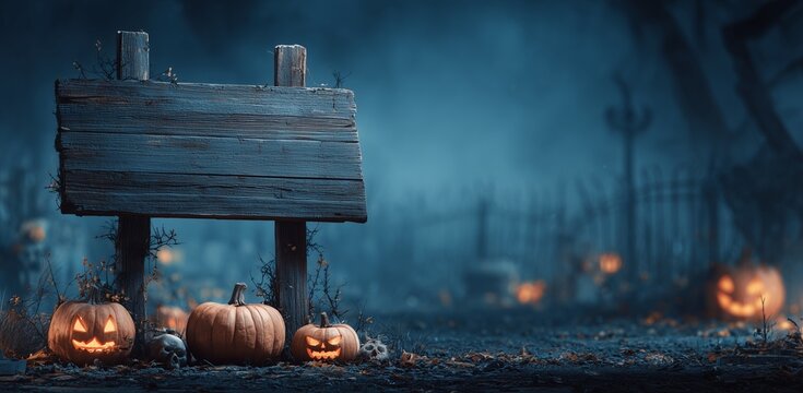 "Haunted Billboard Template": Hyper-realistic mock-up of a Halloween banner with a wooden plaque, skull and pumpkins on a creepy night background + space for text