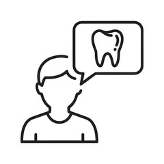 Dental consultation icon with a person and speech bubble showing a tooth for oral health advice and patient dentist communication line vector stroke