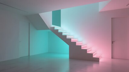 Obraz premium Staircase in a minimalist room with gradient lighting from blue to pink