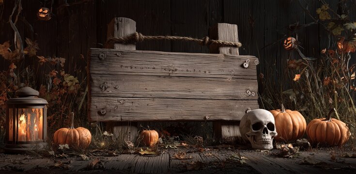 "Haunted Billboard Template": Hyper-realistic mock-up of a Halloween banner with a wooden plaque, skull and pumpkins on a creepy night background + space for text