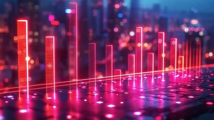 Data visualization neon bars cityscape footage - Powered by Adobe