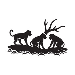 Baboons Playing Around Tree Log Silhouette