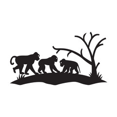 Baboons Sitting Near Fallen Log Silhouette