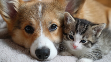 Obraz premium Corgi dog and tabby kitten snuggling together on a soft blanket, showcasing their adorable friendship and warmth in a cozy indoor environment