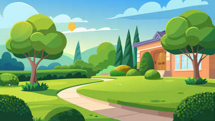 Fototapeta premium Vector art of a picturesque landscape featuring a winding path through a lush green garden towards a cozy house