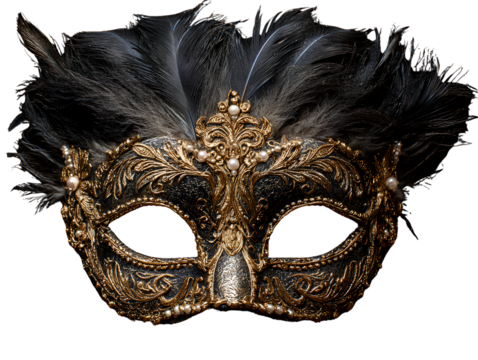 Ornate Venetian Masquerade Mask with Gold Filigree and Feathers, Front View, Isolated on Transparent Background