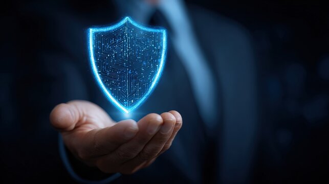 A futuristic digital shield hologram hovers above a businessman's open hand, symbolizing cybersecurity and protection in the digital world.