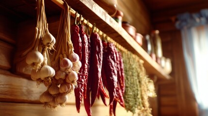 Rustic Charm - Chili Peppers Drying with Garlic and Herbs in Traditional Kitchen | Warm Studio Lighting, Dreamy Focus, Environmental Composition