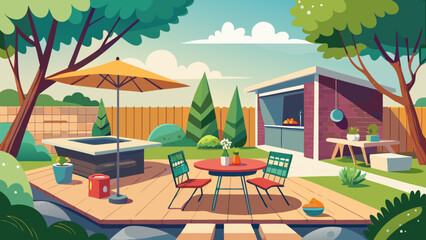Vector art of a charming cartoon illustration of a backyard deck with a dining set, umbrella, and surrounding greenery, offering a perfect spot for outdoor meals and relaxation