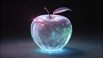 A digital apple with a geometric design and a stem and leaf on a dark reflective surface with lighting