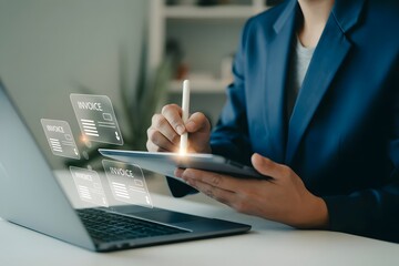 Businesswoman manages invoices digitally with a tablet and stylus streamlining accounting and financial processes for efficiency and transparency