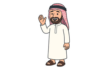 Friendly Arab Man in Traditional Dress Waving Hello with a Warm Smile and Welcoming Gesture of Friendship