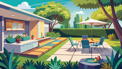Vector art of a beautifully illustrated backyard scene showcasing a patio with a dining set, umbrella, and a comfortable outdoor sofa, perfect for enjoying sunny days