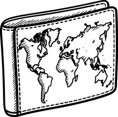 Fototapeta premium World map illustration on wallet hand drawn style, global travel concept, money holder with continents sketch
