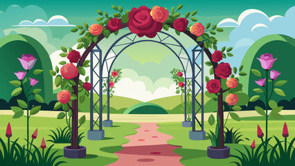 Vector art of a beautiful garden path leads through a floral archway adorned with blooming roses, inviting visitors into a serene outdoor space