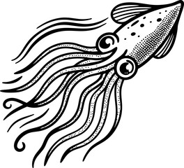 Hand drawn vintage squid illustration with detailed tentacles monochrome marine animal, ocean life, underwater wildlife art
