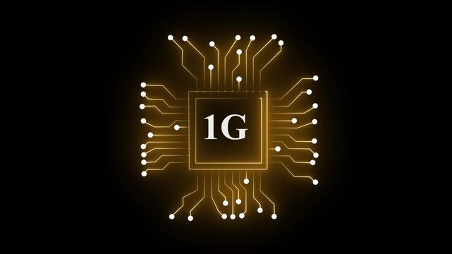 4k 1G symbol,a futuristic circuit board with moving electrons,electronic connections,communication,futuristic technology.