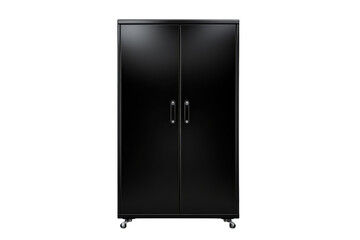 Black metal cabinet standing on wheels with transparent background