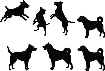 Dog silhouette set, jumping and standing dog poses, playful pet vector illustration, black animal figure, domestic dog graphic, canine motion art, vector design