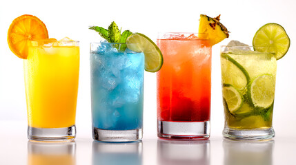 Fototapeta premium 4 tropical cocktail drinks in glasses, isolated on a white background with no shadow