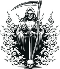 A skeletal Grim Reaper in a hooded robe holds a scythe and rests his hands on a sword planted in a skull, surrounded by swirling smoke.