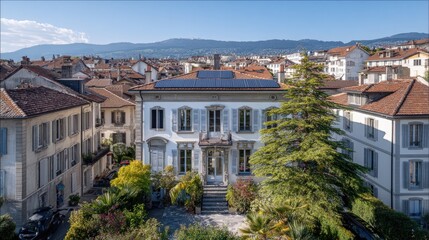 Obraz premium Historic European building, nestled in a city square, with rooftop solar panels