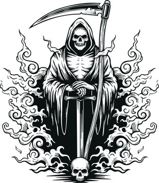 A skeletal Grim Reaper in a hooded robe holds a scythe and rests his hands on a sword planted in a skull, surrounded by swirling smoke.