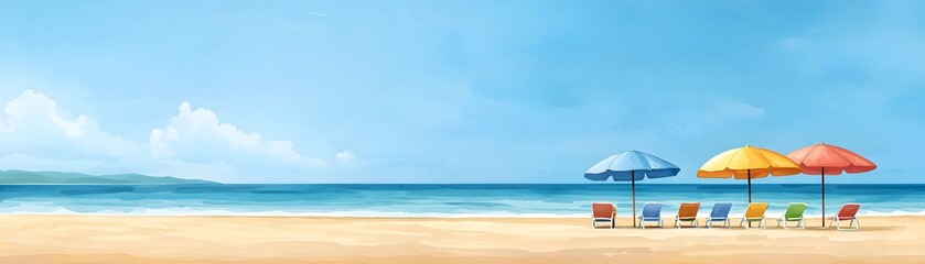 Obraz premium Colorful beach umbrellas and lounge chairs on a sandy shore with a calm ocean and blue sky in the background.