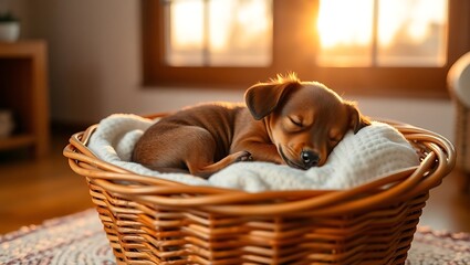 A brown dachshund puppy curled up asleep in a wicker basket with a white blanket near a window at sunset | national dog day