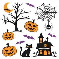  Halloween. Halloween Icon Set. Halloween set clipart vector. Halloween Flat Design Icon Set. Set of Halloween Pumpkins Silhouette. Halloween cartoon