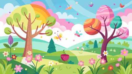Fototapeta premium Vector art of a delightful spring panorama showcases colorful trees, abundant flowers, gentle hills, and fluttering butterflies under a soft, pastel sky