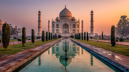 Obraz premium A wide-angle photo of the Taj Mahal, with its large dome and four minarets