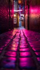 Neon alleyway urban cityscape architecture bricks light pink purple glow street perspective view