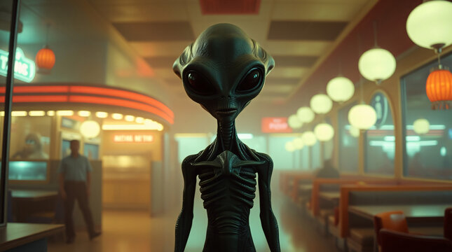 An alien in a retro diner with neon lights and red booths, creating a futuristic ambiance.