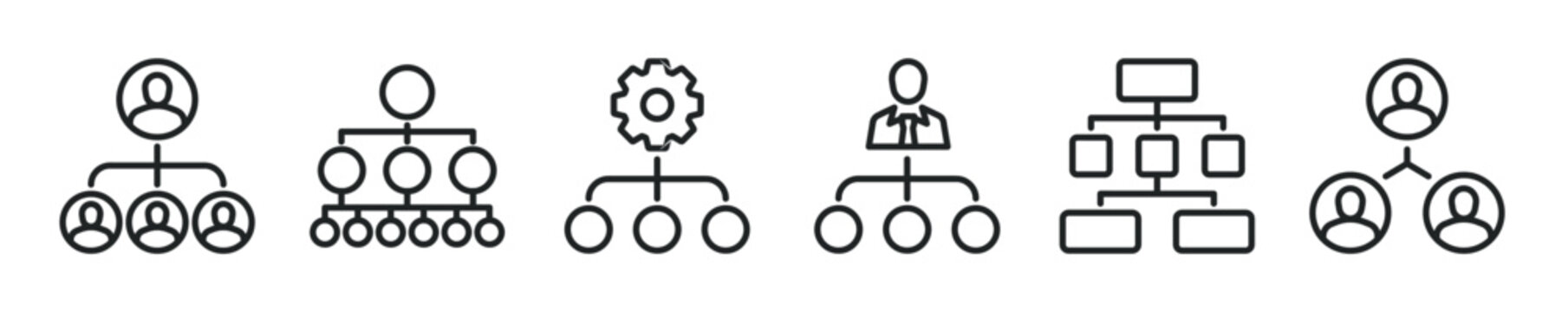 Hierarchy thin line icon set. Organization, leadership, management minimal editable stroke icons
