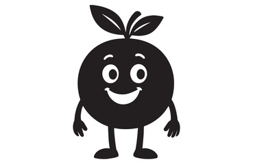 Cartoon Fruit Character Design with Smiling Face and Leaves Black Silhouette Cheerful and Playful Mascot for Branding and Illustration
