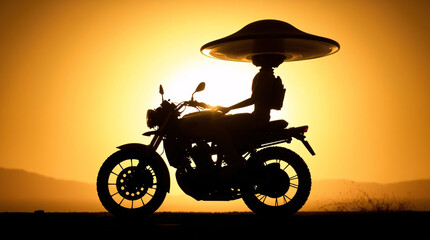 Fototapeta premium Silhouette of a motorcyclist riding during a dramatic sunset glow.