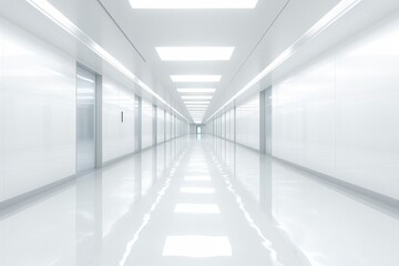 Obraz premium Endless futuristic corridor with white walls and bright lighting creating a sterile, minimalist, and surreal atmosphere