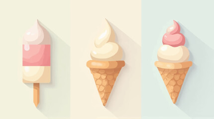 Three different ice cream treats, including a popsicle and two cones, presented with shadows.